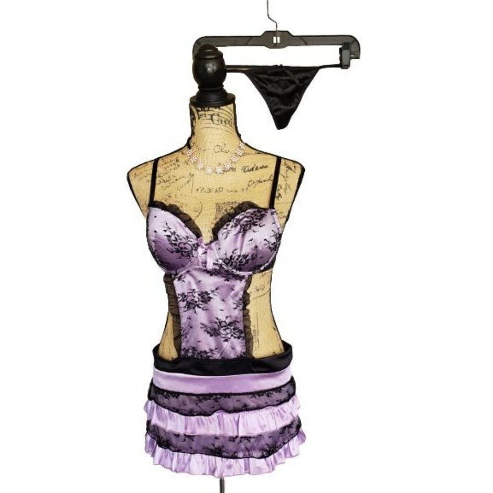 Women's Sexy Lace Maid's Apron Lingerie Set Violet Black 36B NEW